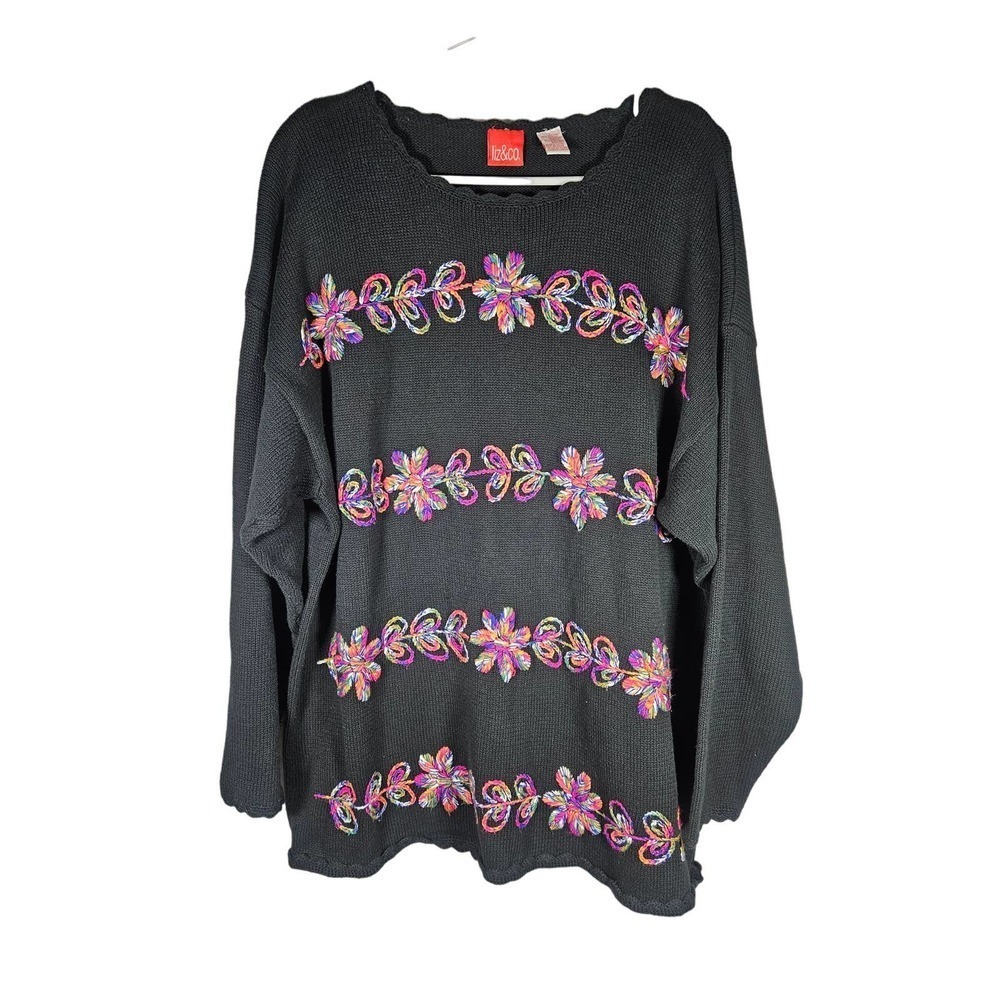 Liz & Co Knit Pullover Sweater 90's Y2K Black Large Embroidered Flowers Colorful